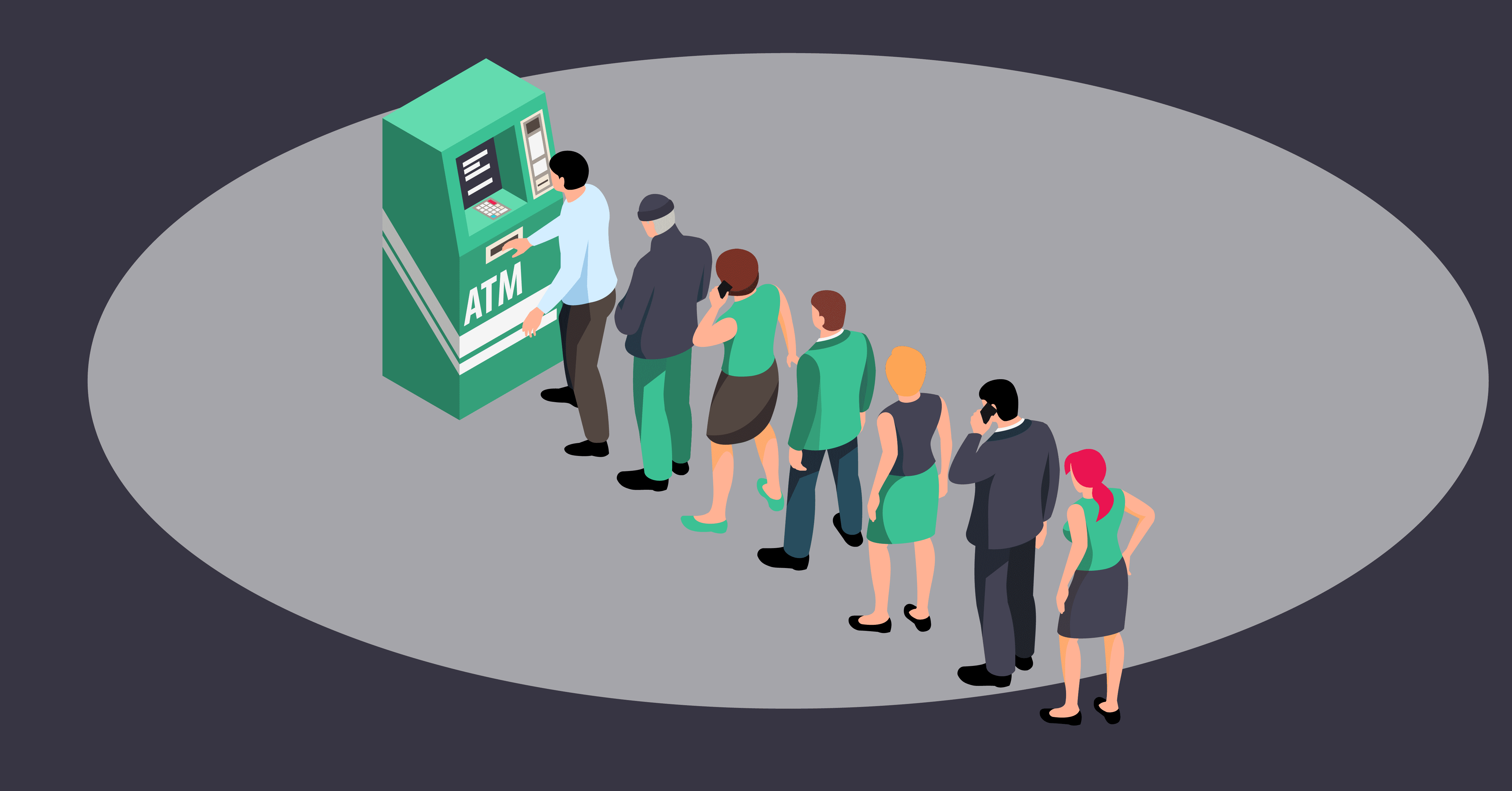 people waiting in line for an ATM