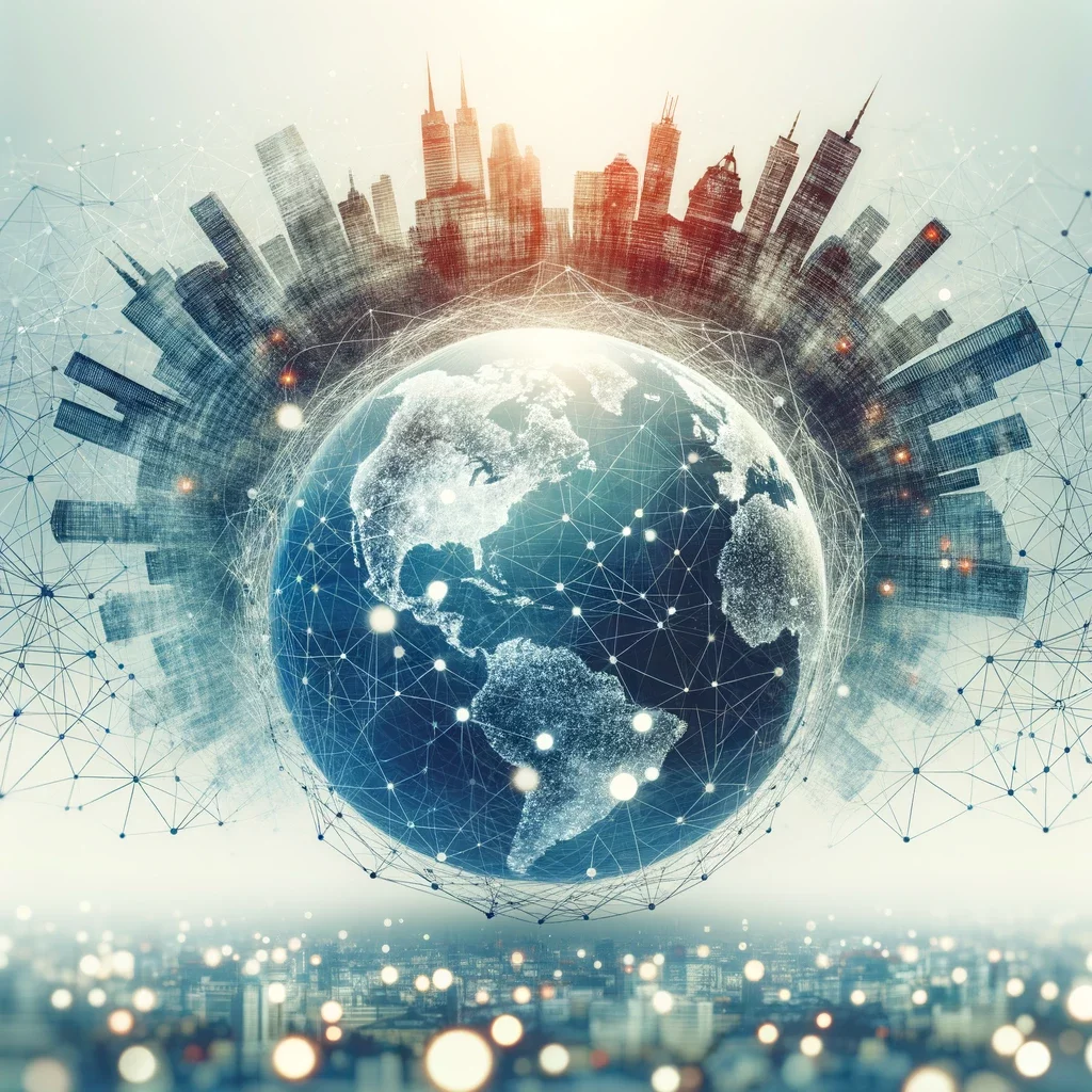 A stylized image of the Earth with network lines and dots representing global presence, prominently in the background