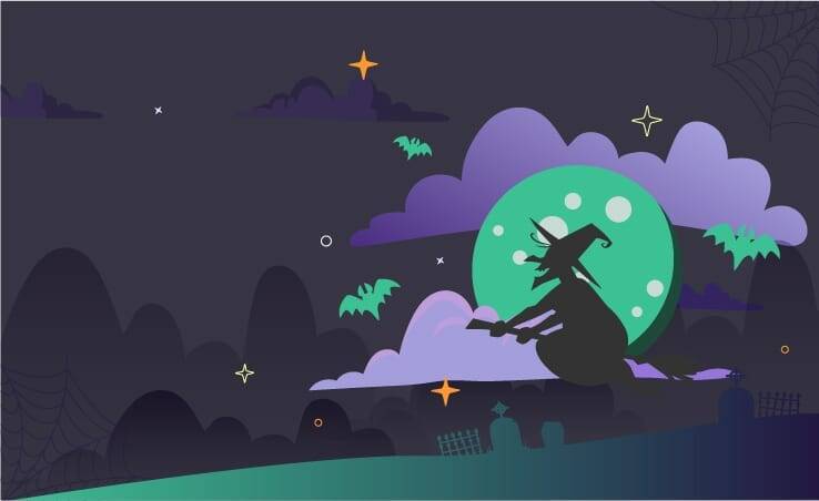 a halloween image with a witch on a broom in front of the moon